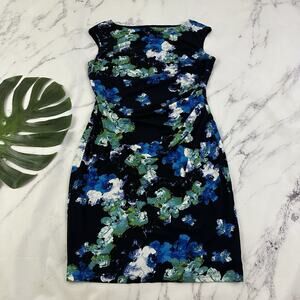 Lauren Ralph Lauren Womens Sheath Dress Size 14 Black Blue Floral Stretch Draped